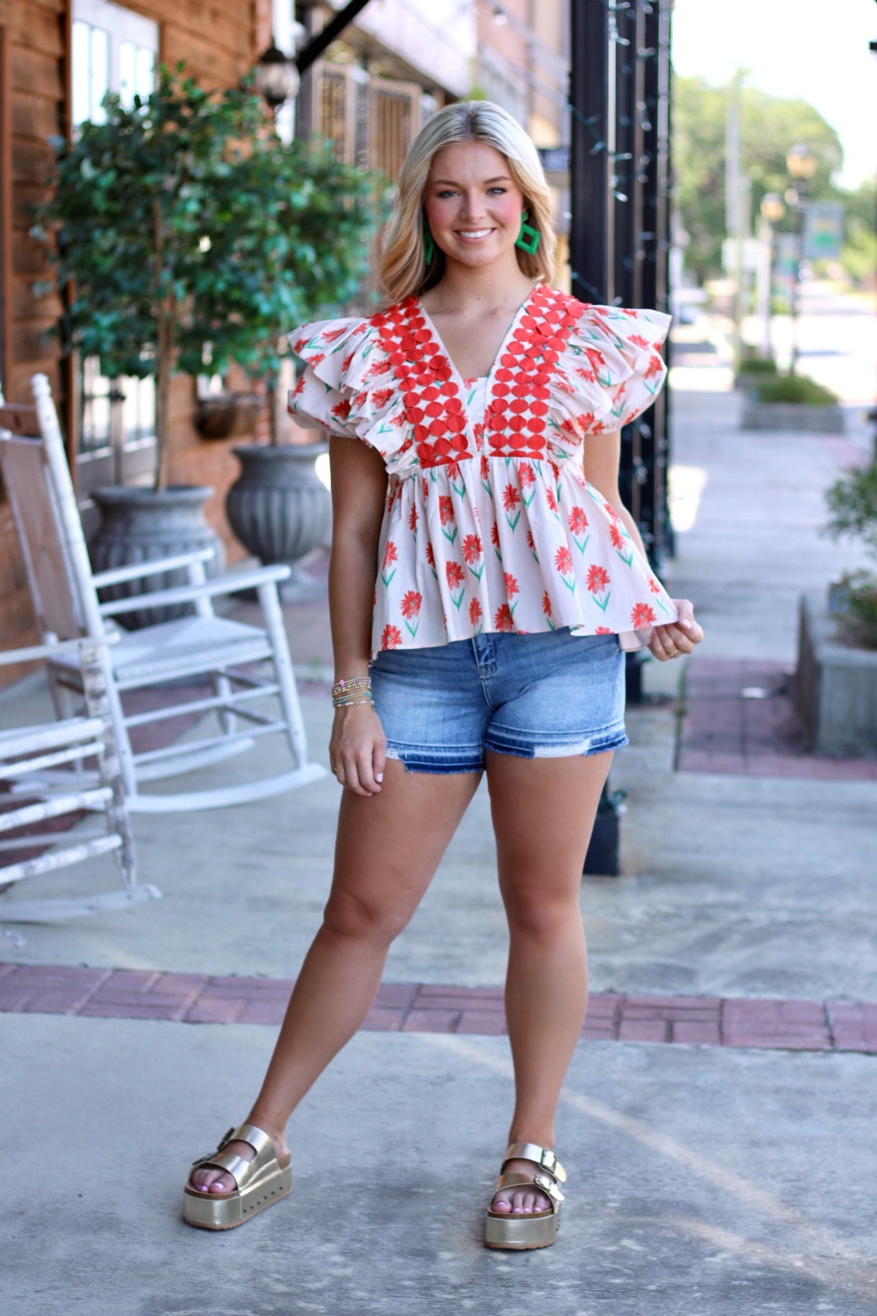 Orange Floral & Circle Embroidery Top