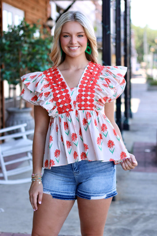 Orange Floral & Circle Embroidery Top