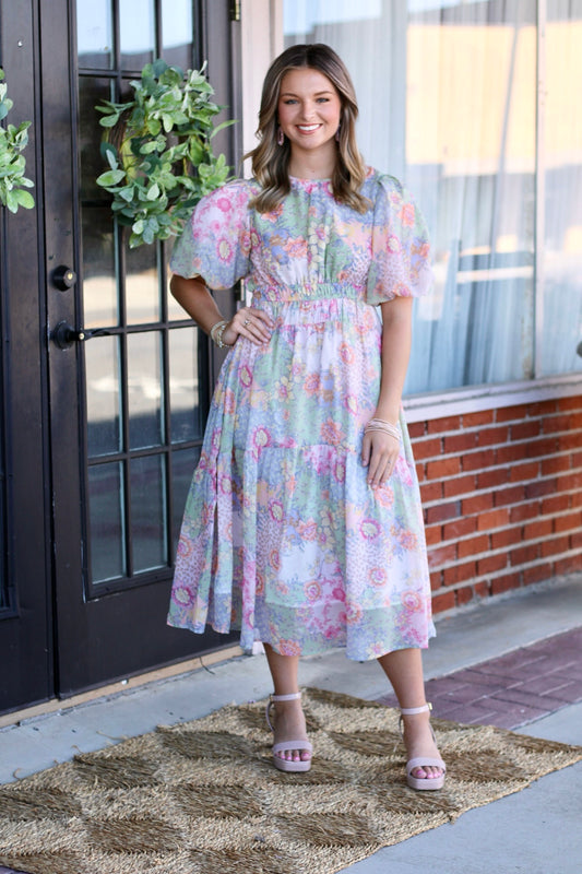 Bubble Sleeve Floral Print Midi Dress