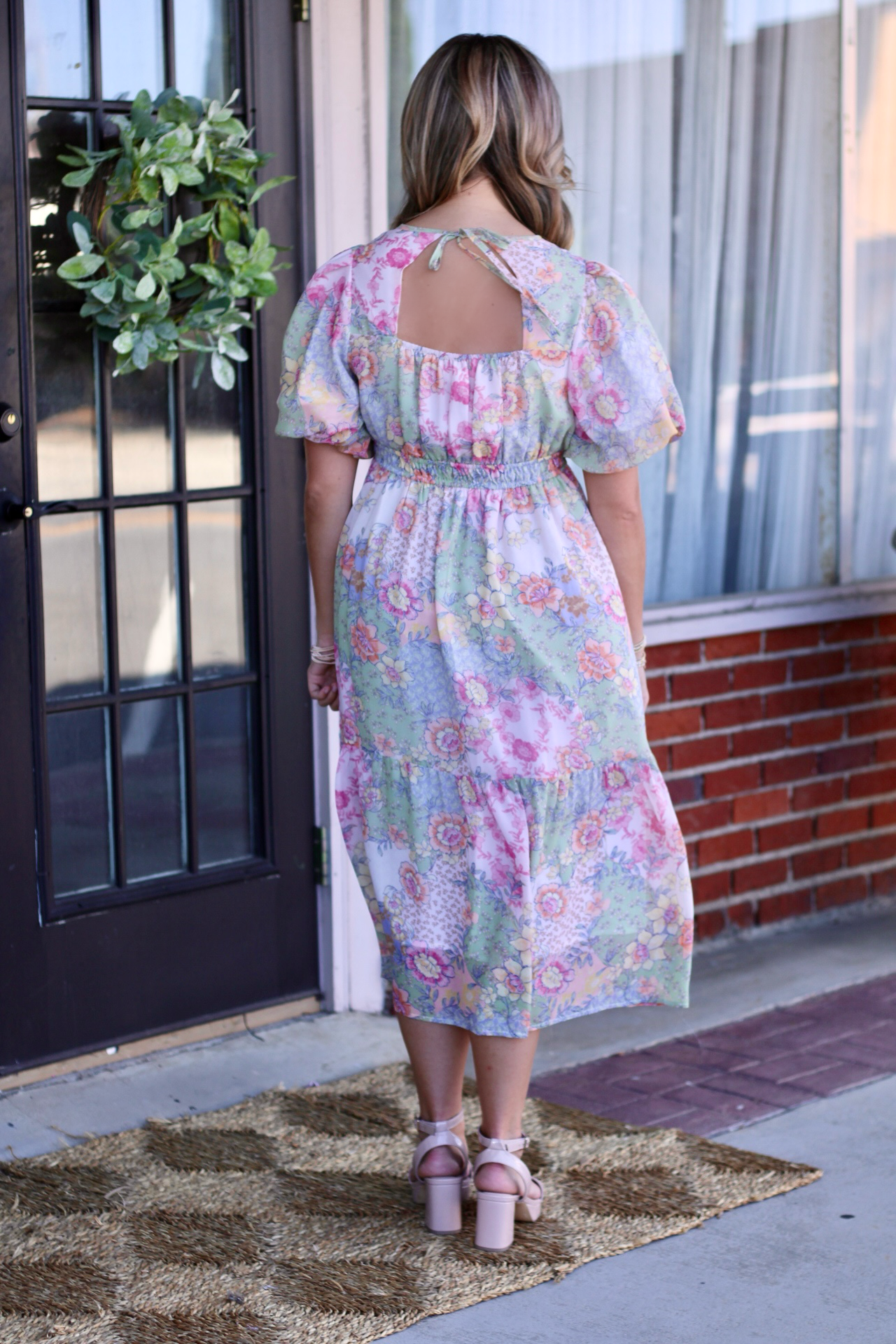 Bubble Sleeve Floral Print Midi Dress