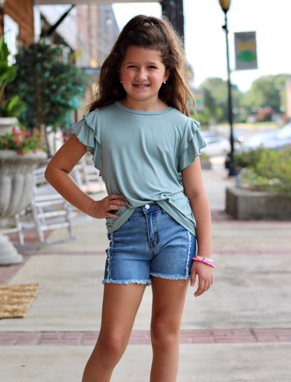 Girls Solid Flutter Sleeve Top