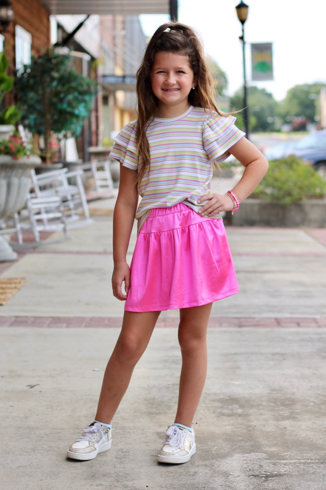 Girls Striped Ruffled Cap Sleeve Knit Top