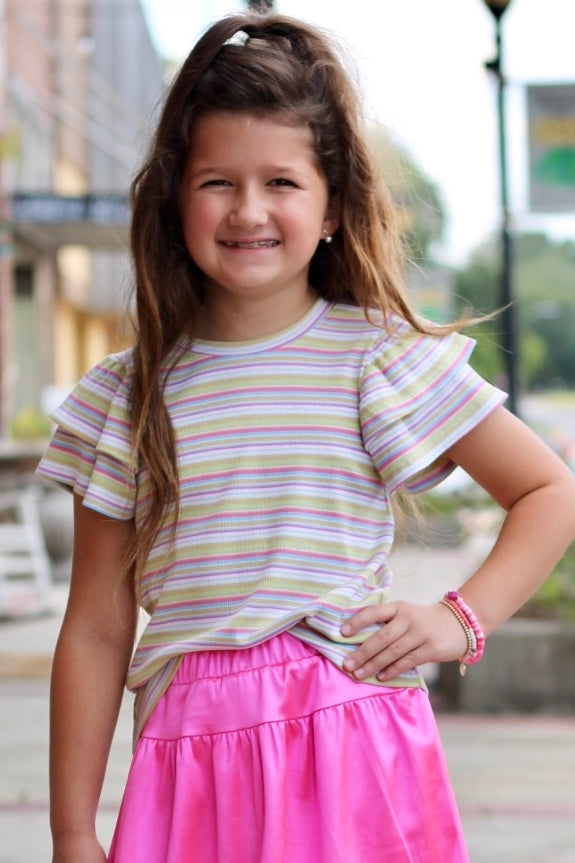 Girls Striped Ruffled Cap Sleeve Knit Top