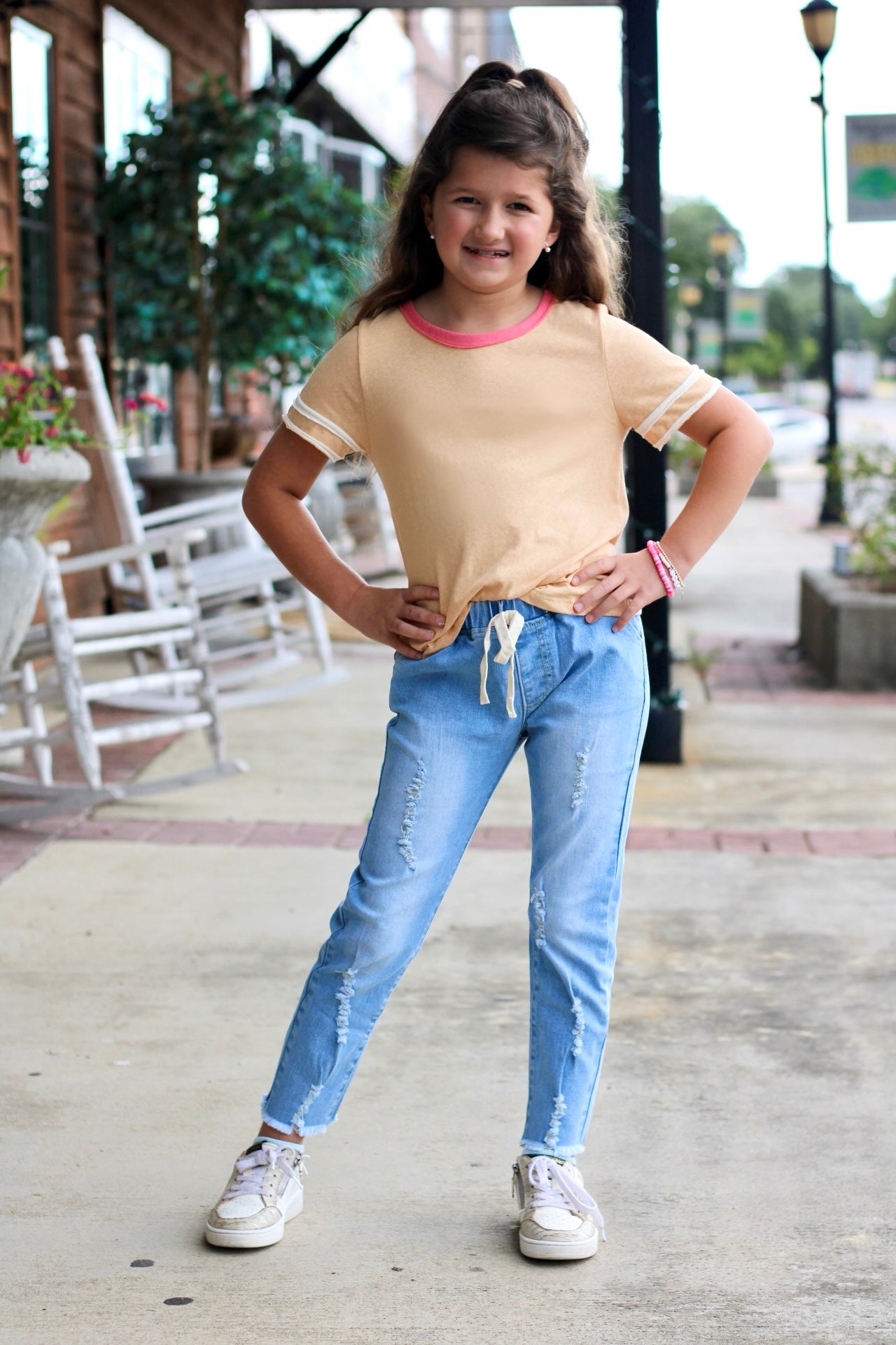 Girls Distressed Drawstring Denim Jeans