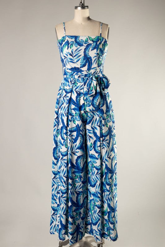 Blue Leaf Print Jumpsuit