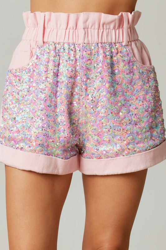 Pink Sequin Denim Shorts