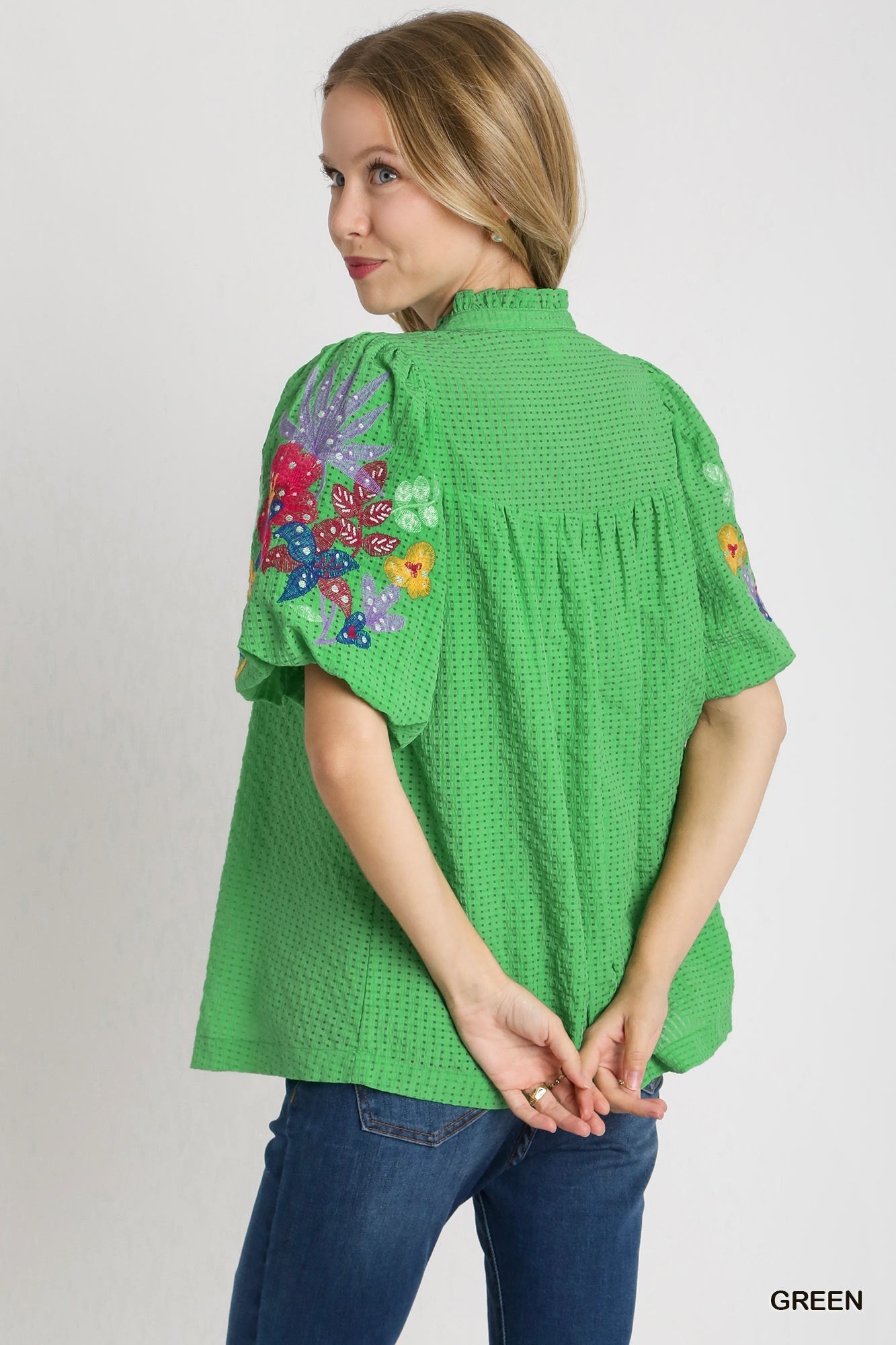 Bubble Sleeve Embroidery Top