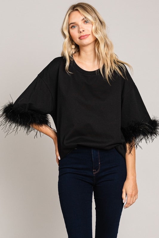 Solid Faux Fur Detail Top