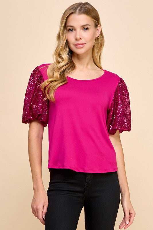 Solid Sequin Sleeve Top