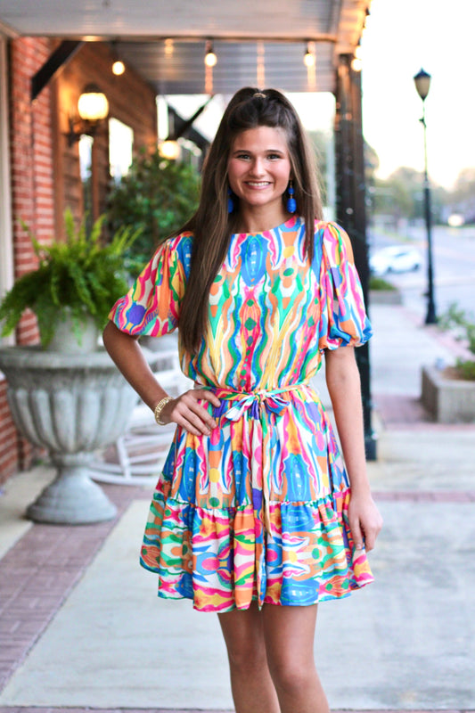 Bubble Sleeve Printed Dress