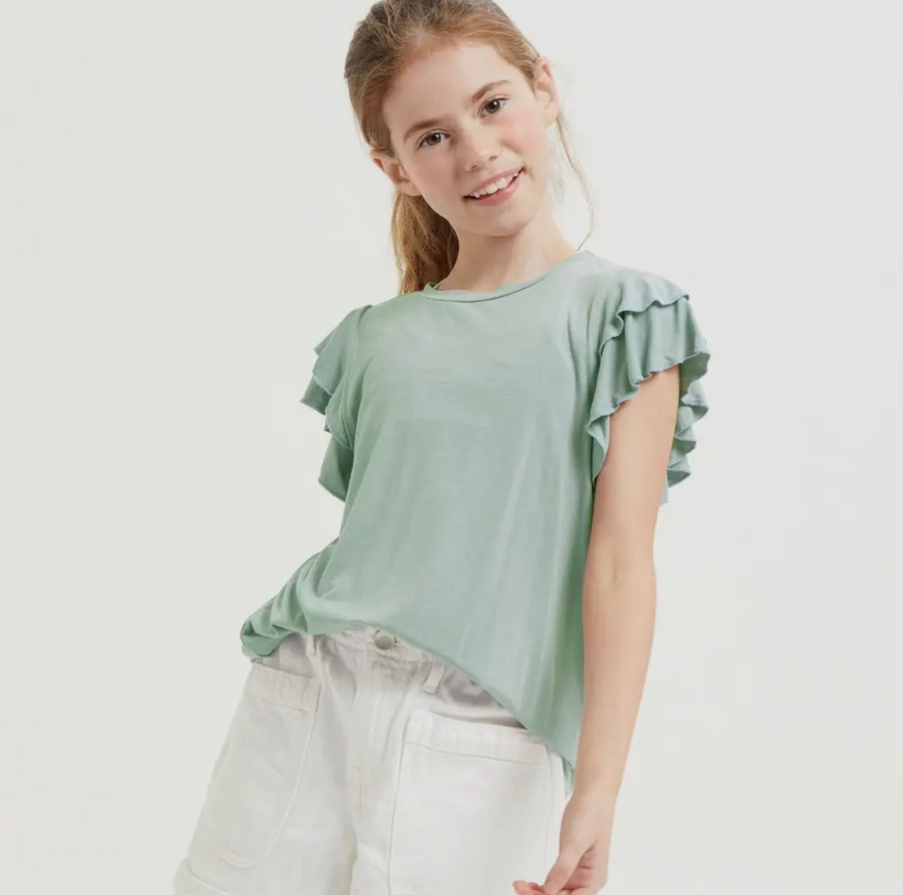 Girls Solid Flutter Sleeve Top