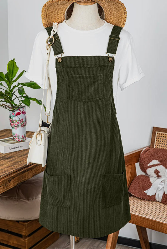 Front Pockets Corduroy Overall Dress