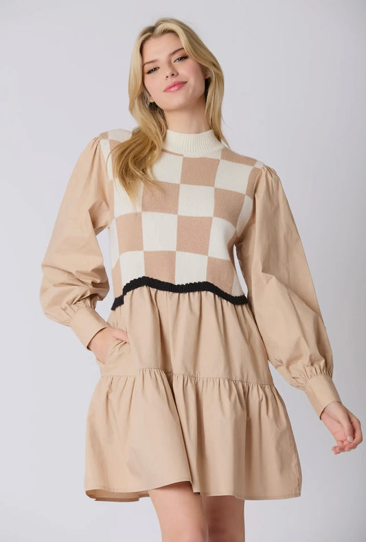 Square Pattern Sweater Vest Poplin Dress