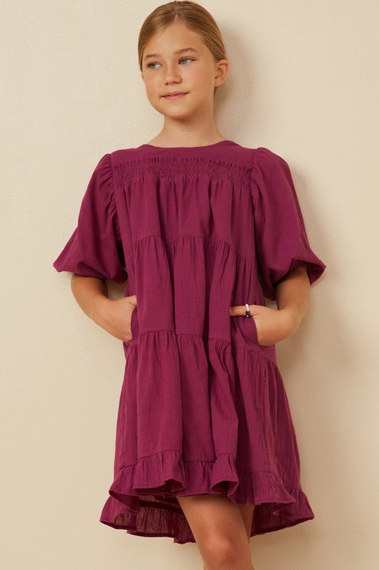 Girls Smocking Detailed Puff Sleeve Tiered Dress