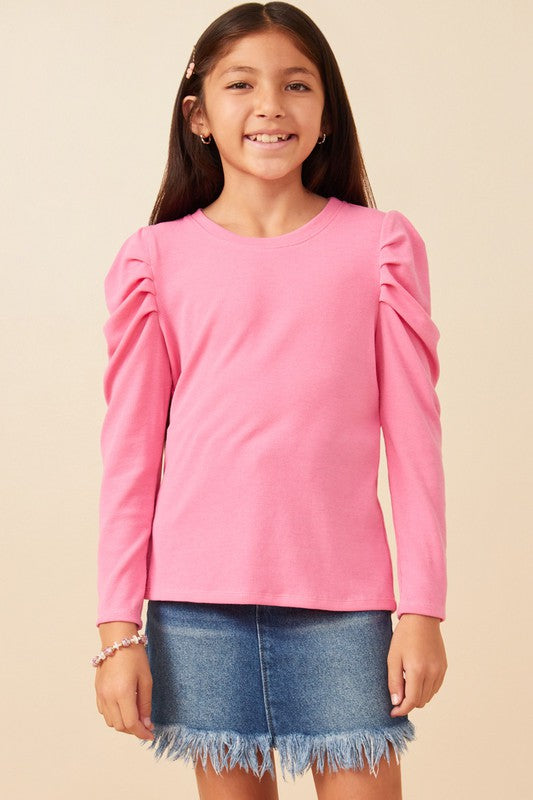 Girls Pleated Puff Shoulder Knit Top