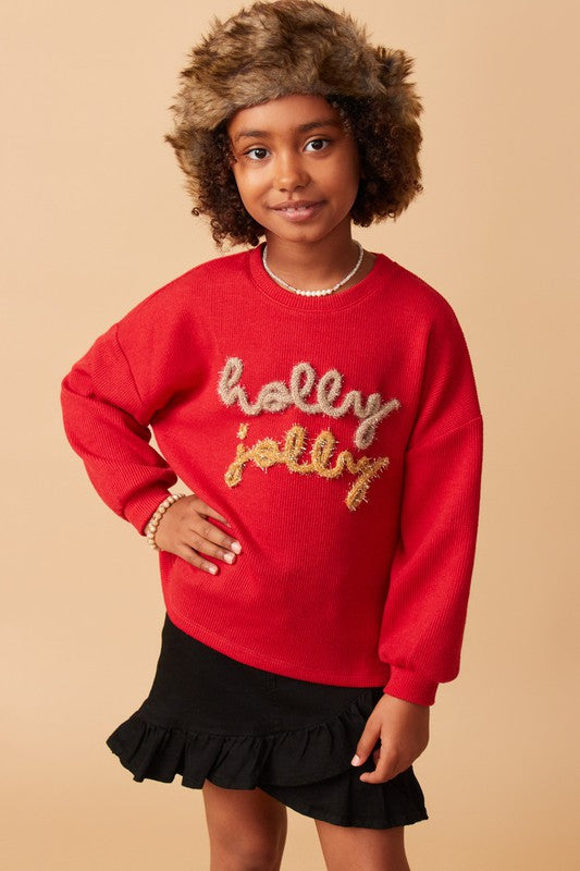 Girls Handknit Tinsel Holly Jolly Ribbed Knit Top