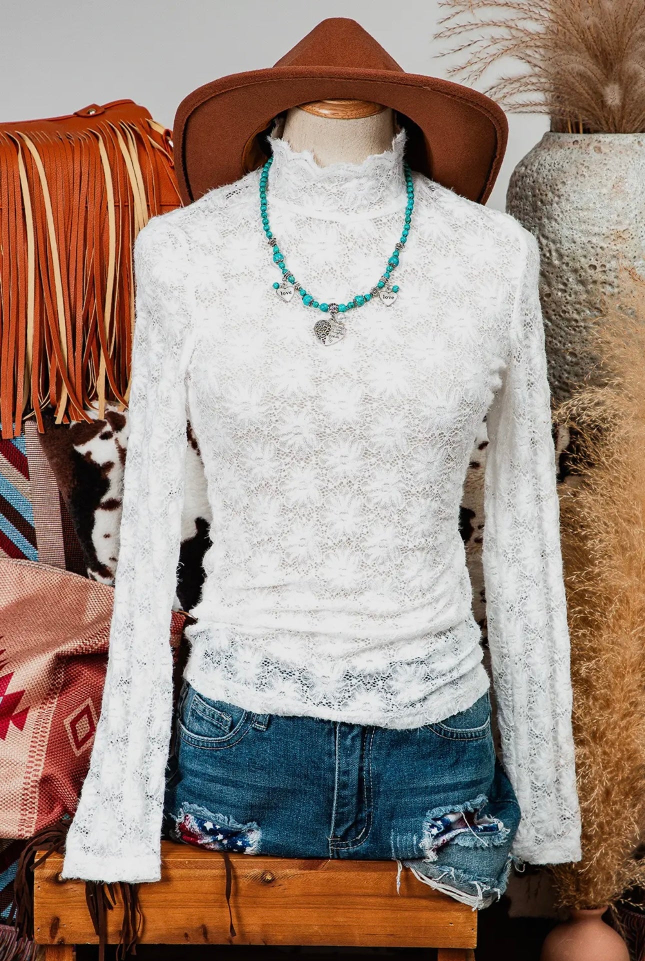 Floral Lace High Neck Long Sleeve Top