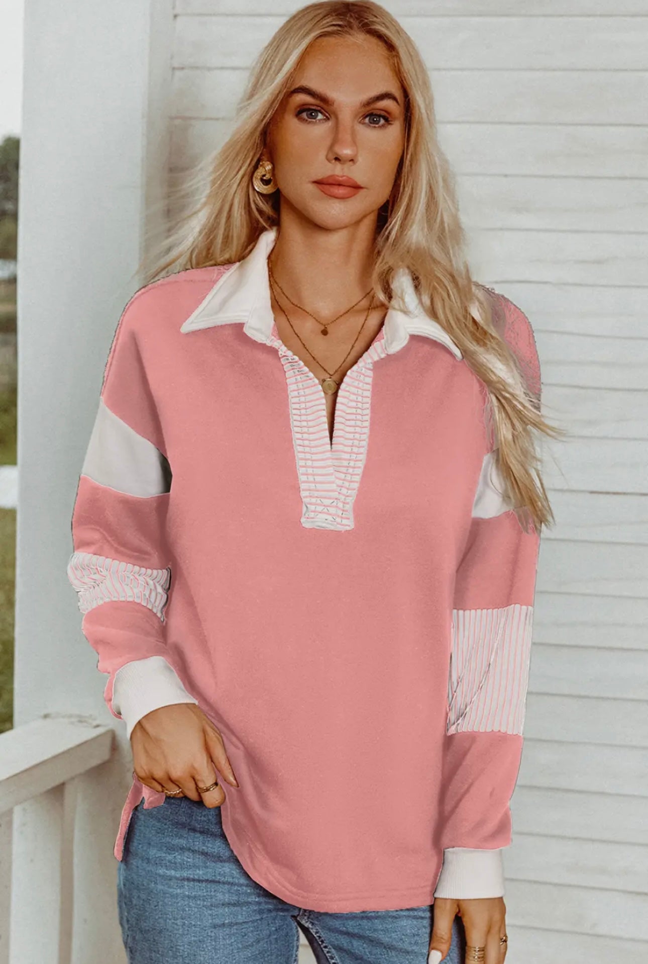 Striped Colorblock Patchwork Collar Sweatshirt