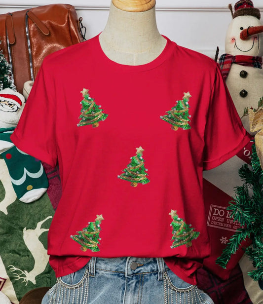 Sequined Christmas Tree Crewneck T Shirt