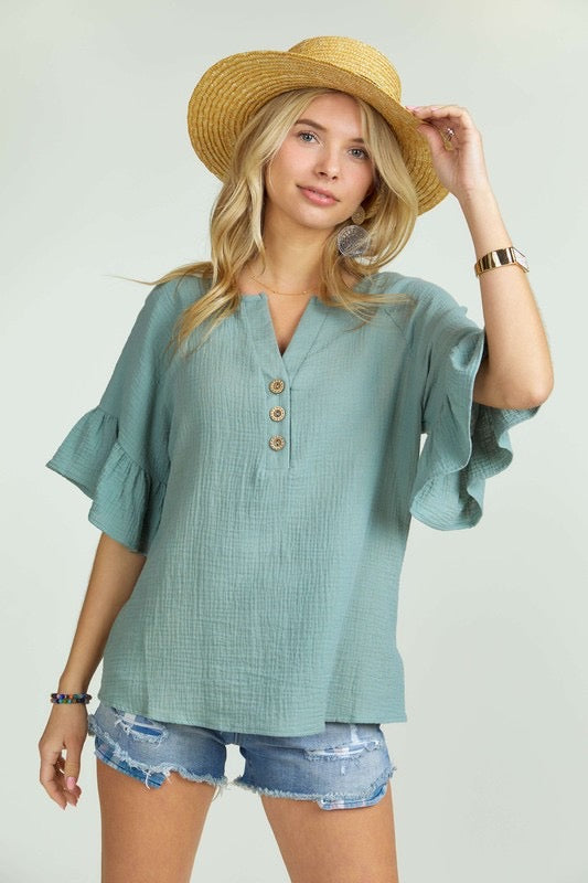 Ruffle Sleeve Crinkle Top