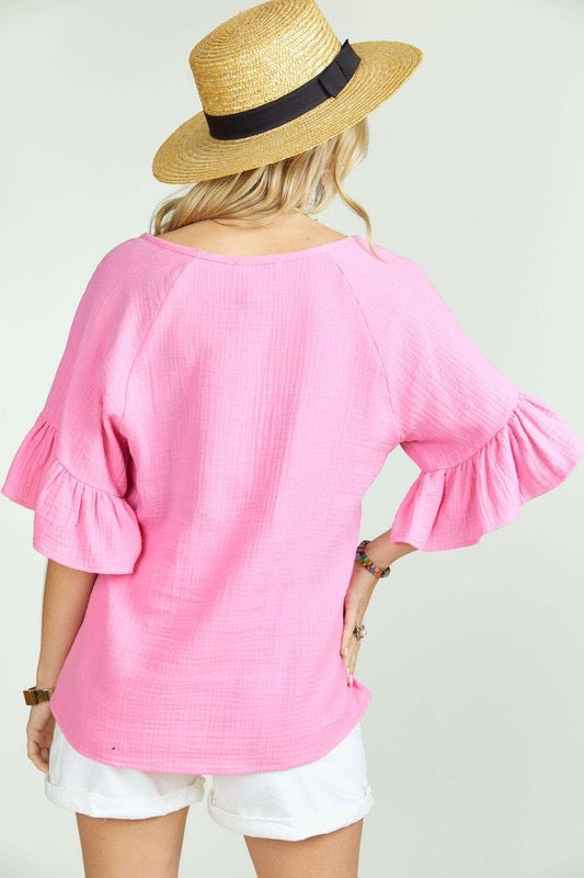 Ruffle Sleeve Crinkle Top