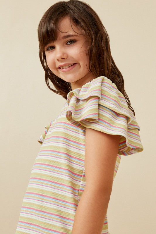 Girls Striped Ruffled Cap Sleeve Knit Top