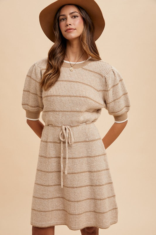 Striped Waist Tie Sweater Dress