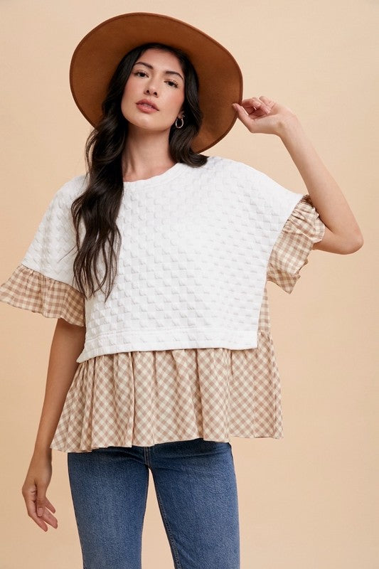 Mix Material RuffleTextured Knit Top