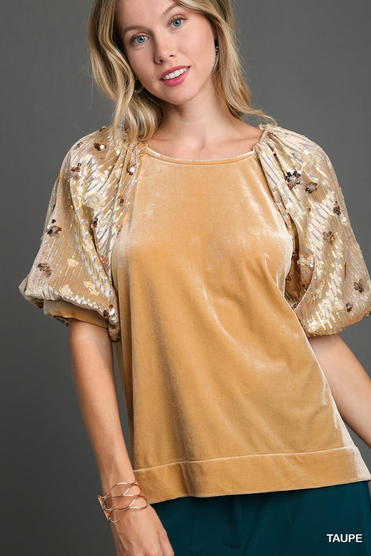 Puff Sleeve Velvet & Sequin Top