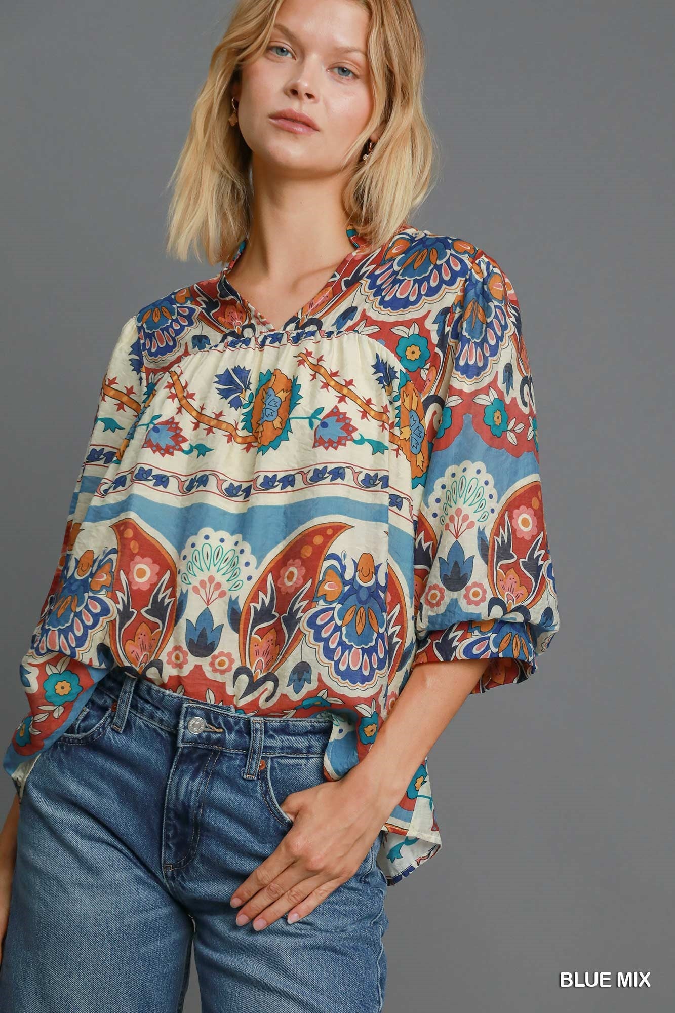 Split Neck Print Top