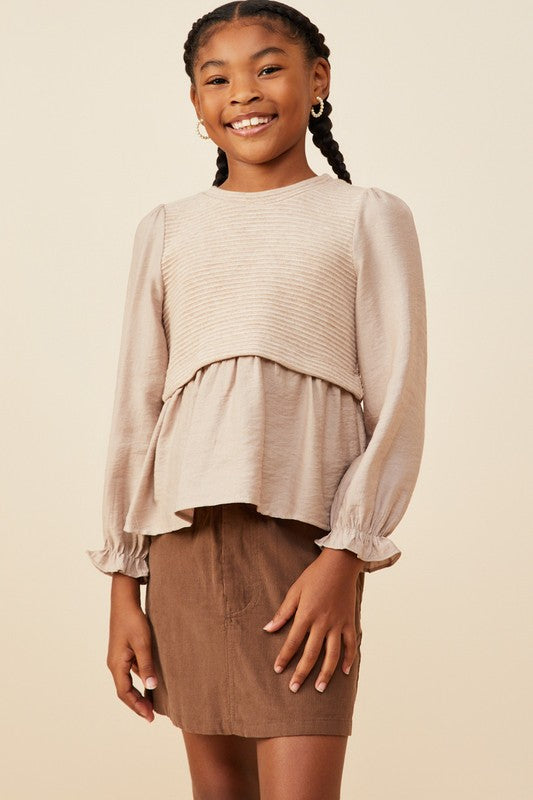 Girls Mix Media Ribbed Knit Top