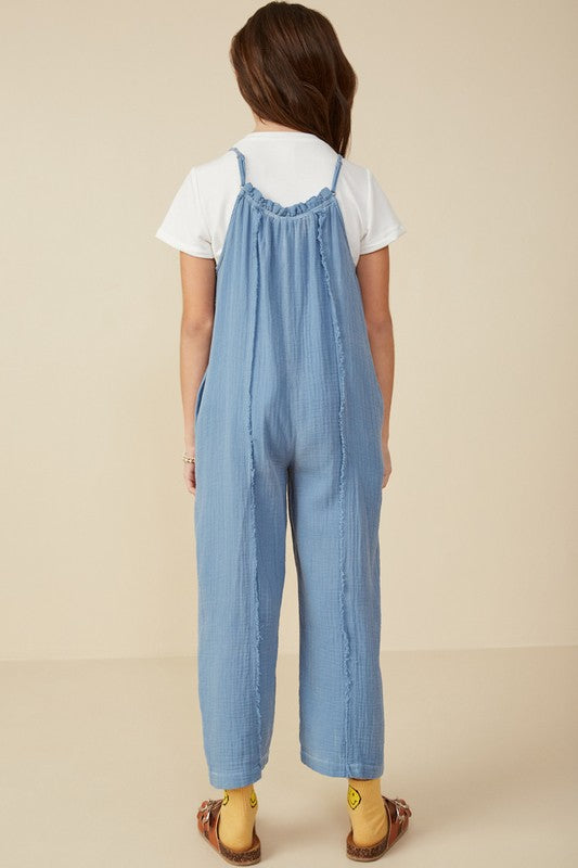 Girls Washed Gauze Frayed Jumpsuit