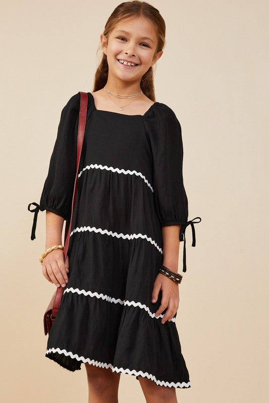 Girls Wavy Twill Trimmed Square Neck Dress