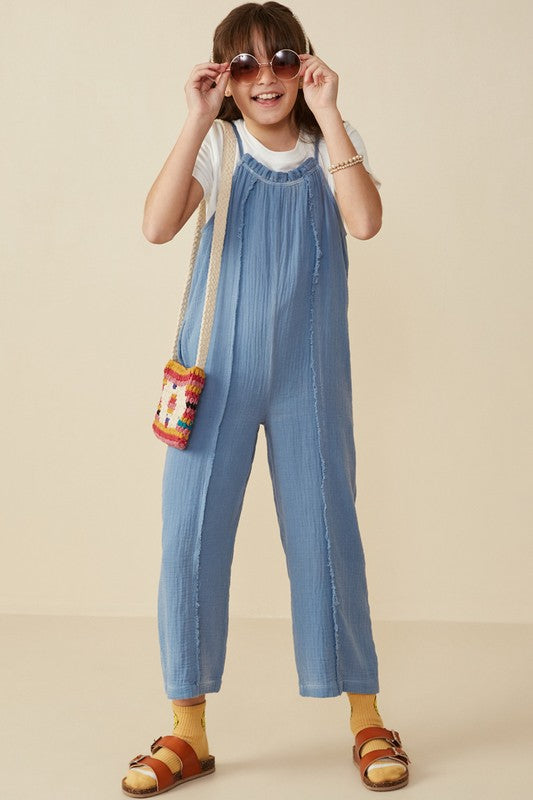 Girls Washed Gauze Frayed Jumpsuit