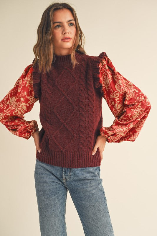 Cable Knit Floral Sleeve Top