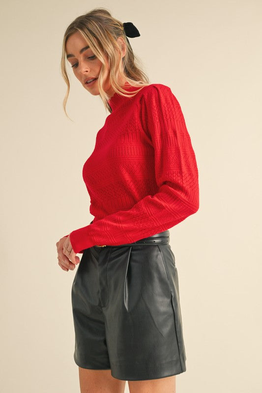 Pointelle Knit Mock Neck Sweater