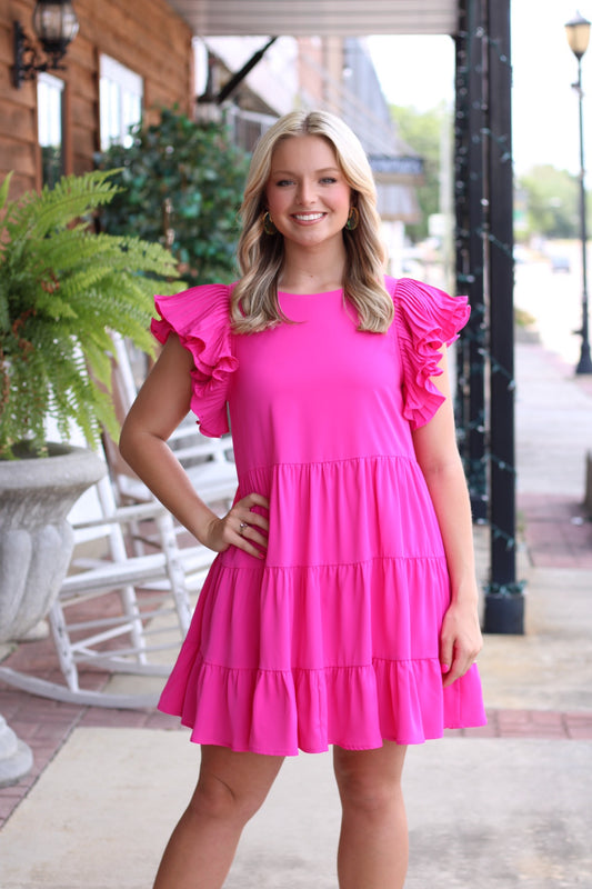 Pleated Ruffle Sleeve Dress