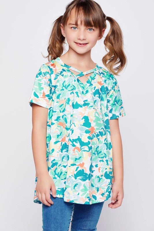 Girls Green Floral Print Top