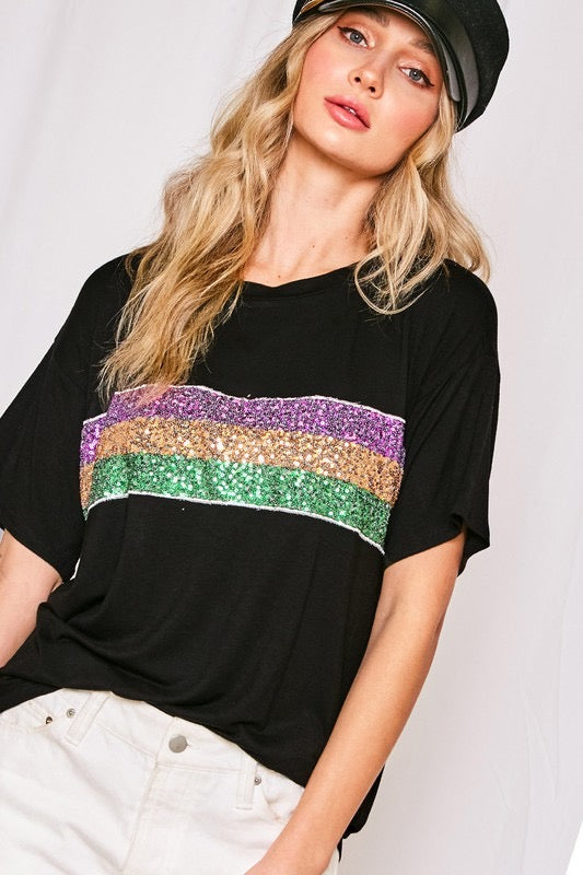 Black Mardi Gras Striped Top